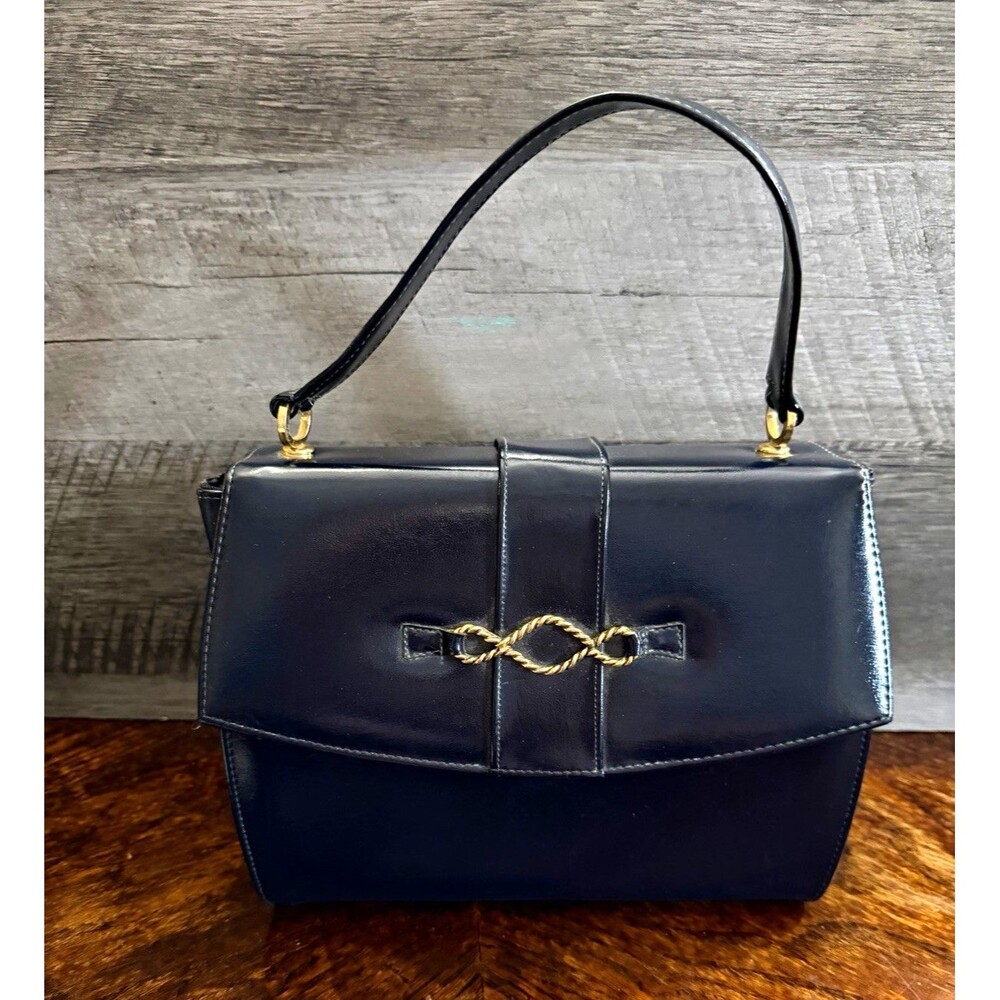 Vintage Naturalizer Navy Blue Top Handle Handbag 1960s Mid Century Gold Clasp